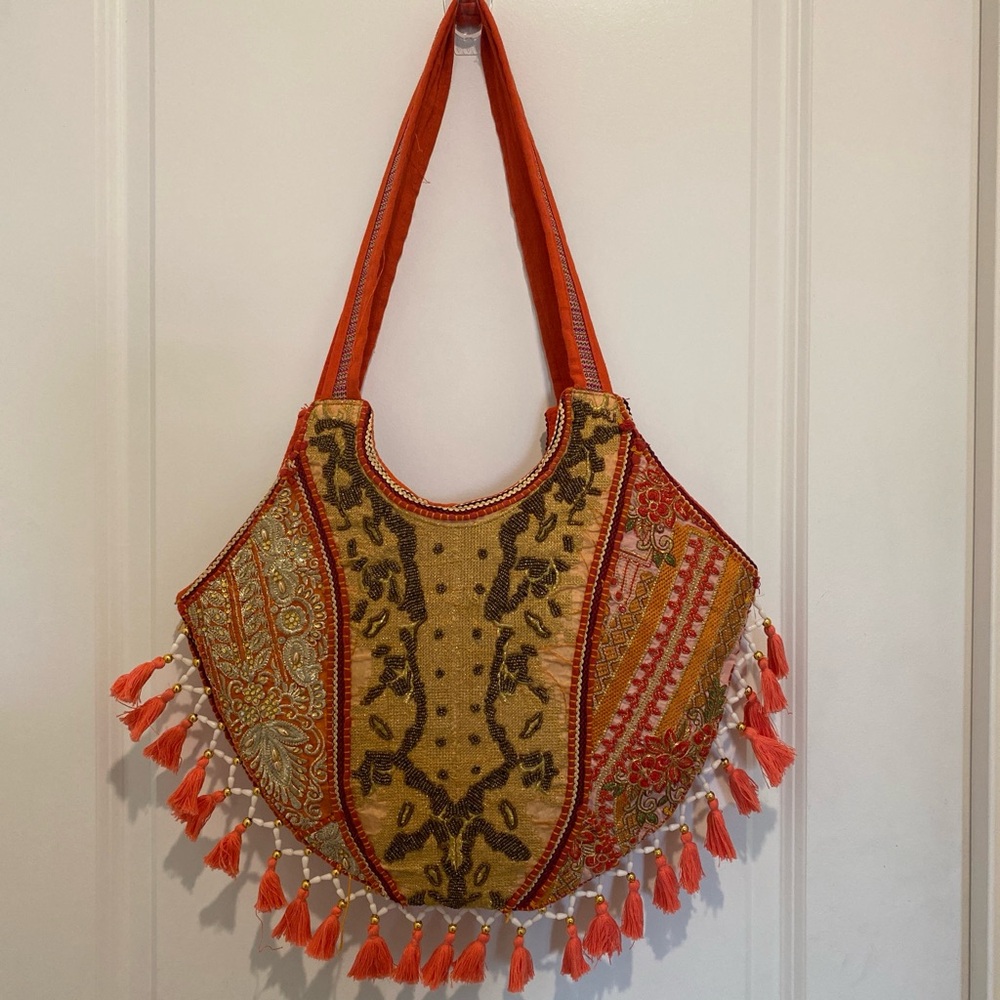 Boho Embroidered Tassel Shoulder Bag in Orange and Gold